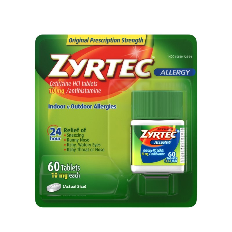 ZYRTEC CETIRIZINE HCI ALLERGY RELIEF 10MG TABLETS 60CT - INDOOR OUTDOOR 24HR RELIEF