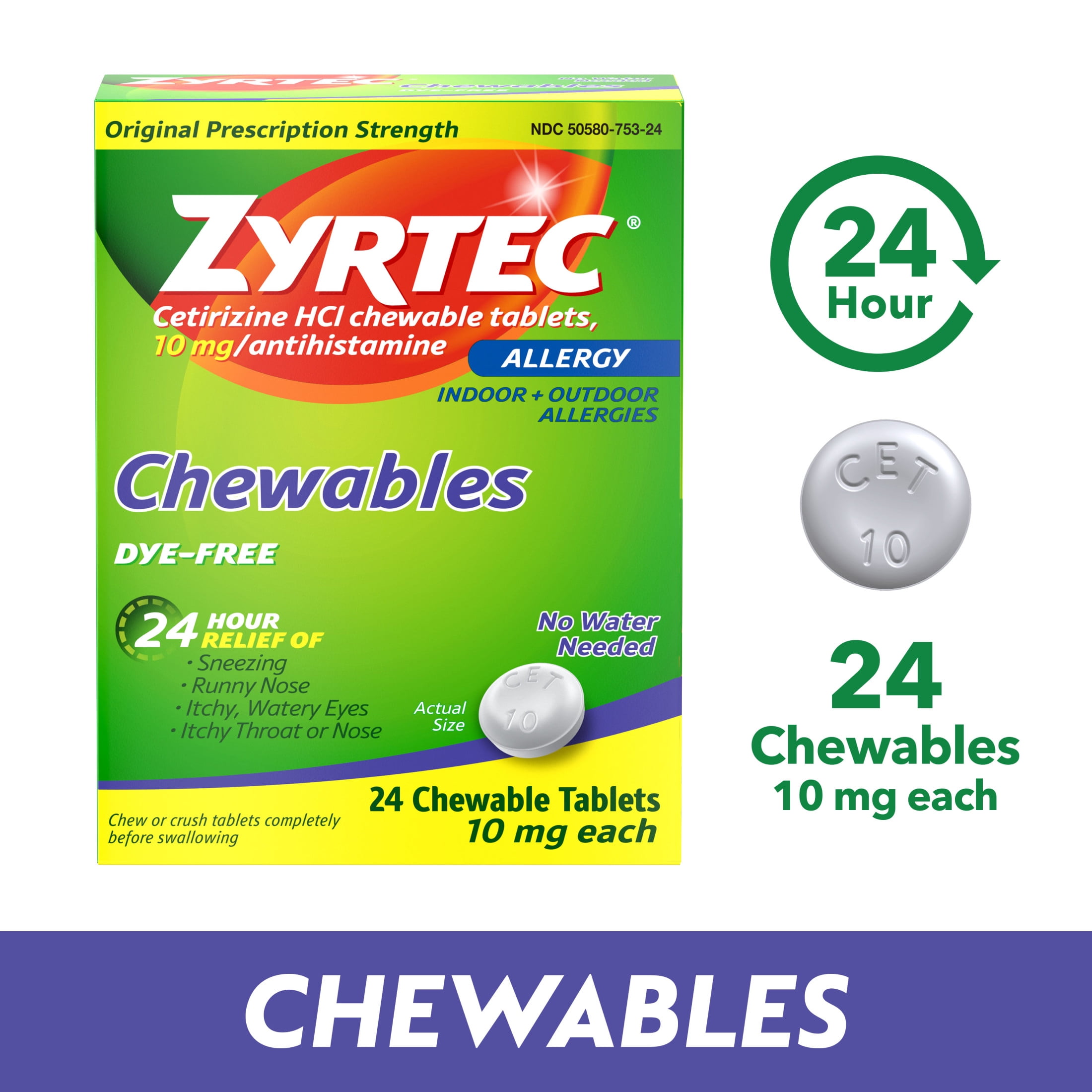 ZYRTEC 24 HOUR ALLERGY RELIEF CHEWABLES 10MG CETIRIZINE HCL 24 CT