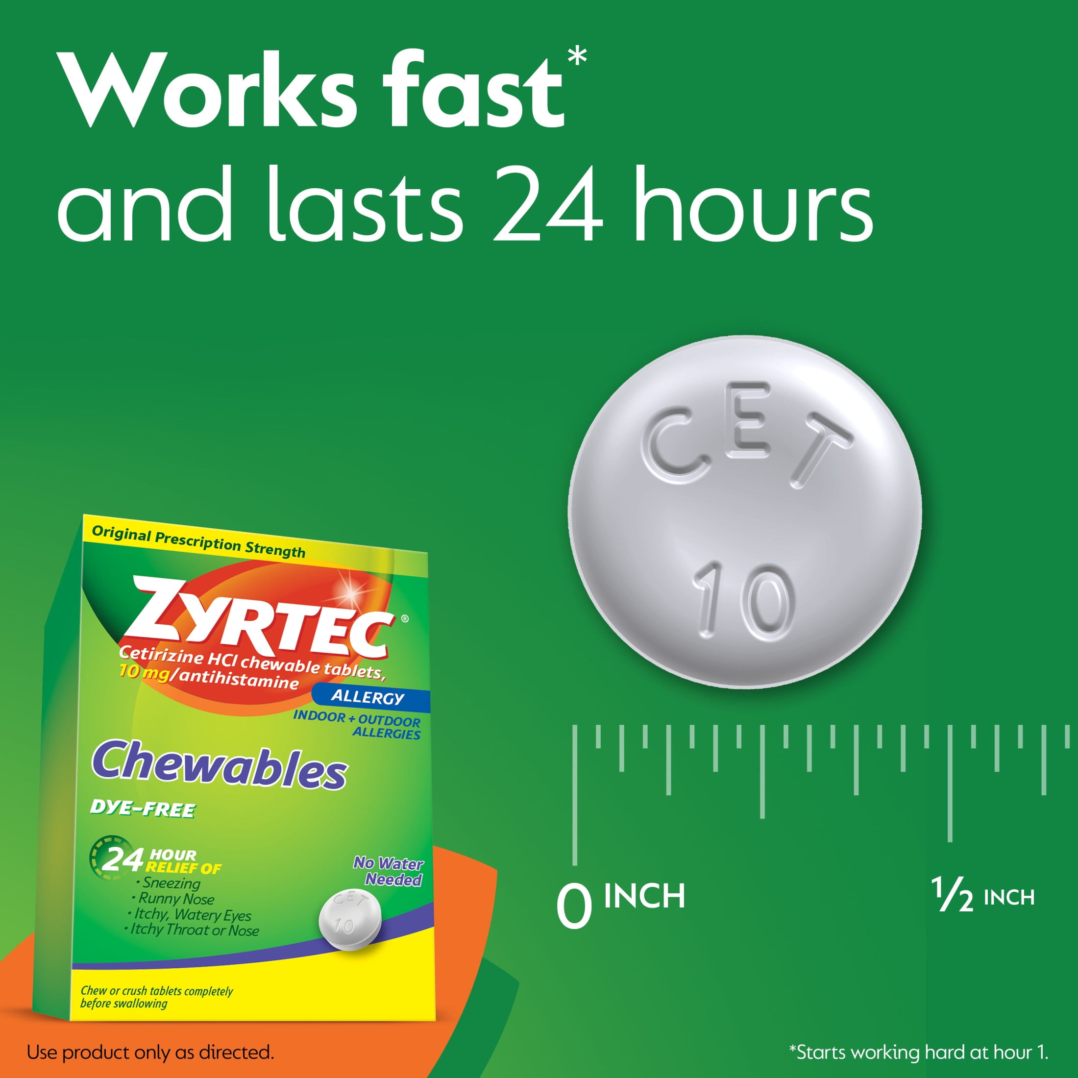 ZYRTEC 24 HOUR ALLERGY RELIEF CHEWABLES 10MG CETIRIZINE HCL 24 CT