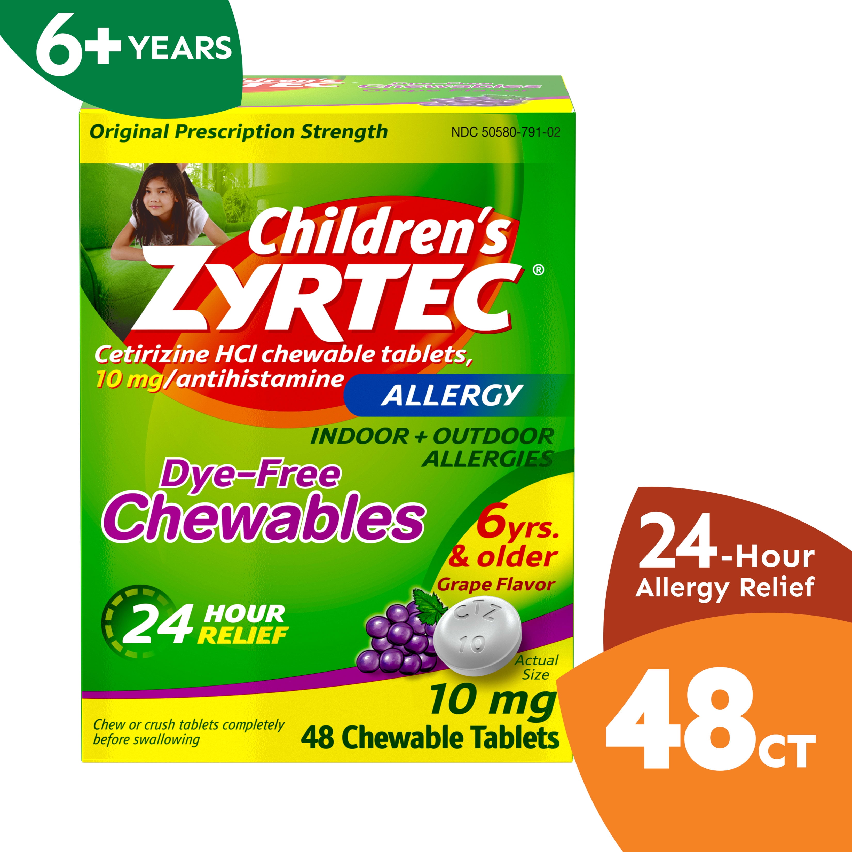 ZYRTEC 24 HOUR KIDS ALLERGY CHEWABLE TABLETS GRAPE FLAVOR 48 COUNT