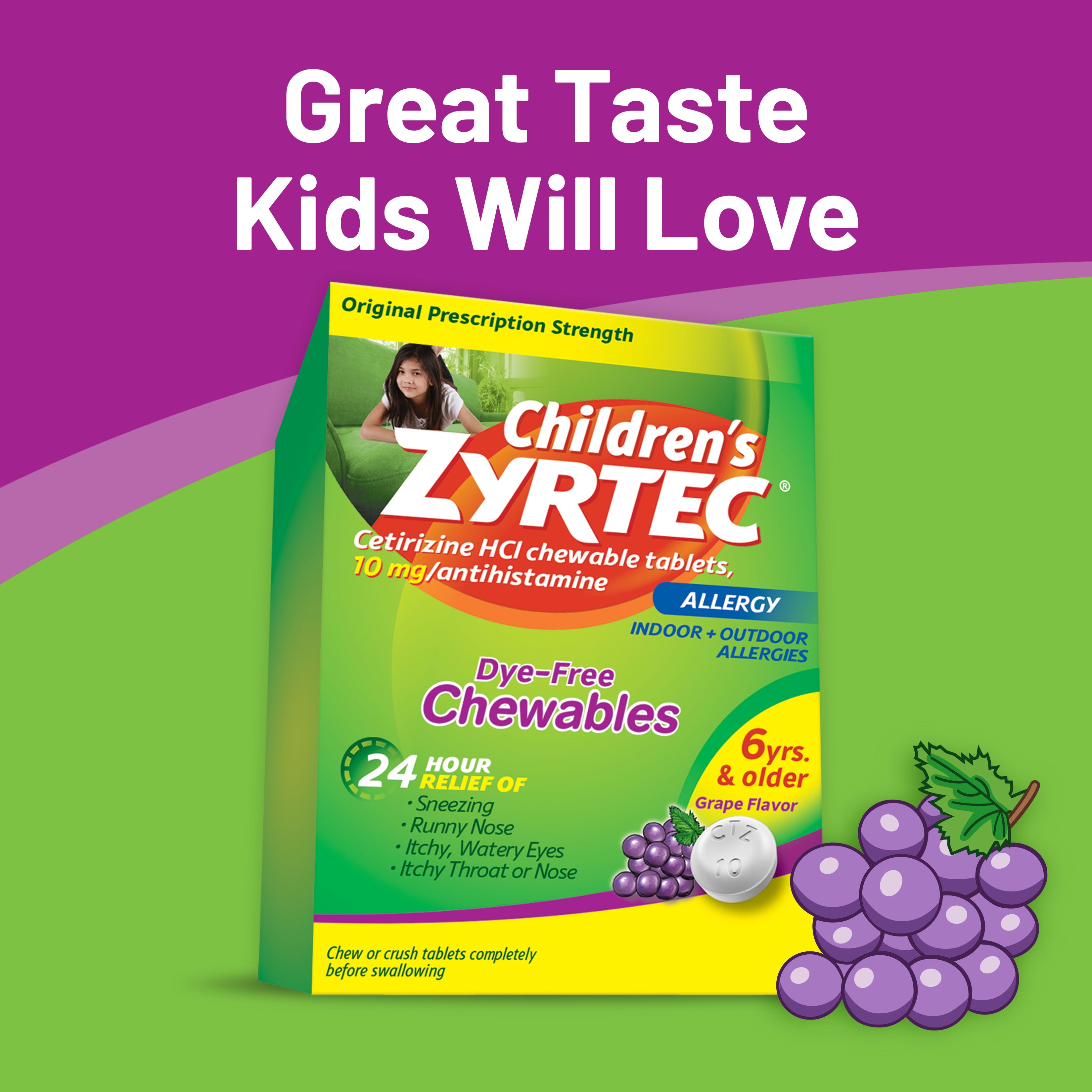 ZYRTEC 24 HOUR KIDS ALLERGY CHEWABLE TABLETS GRAPE FLAVOR 48 COUNT