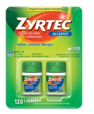 ZYRTEC 24 HOUR NON DROWSY ALLERGY RELIEF ANTIHISTAMINE CETIRIZINE HCL 10 MG 120 TABLETS 2 PACKS