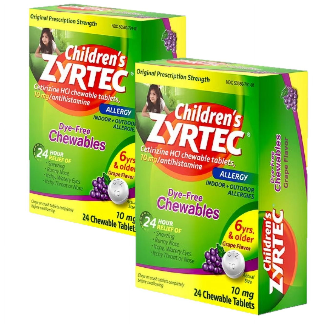 ZYRTEC CHILDREN'S DYE FREE CETIRIZINE 10MG CHEWABLES GRAPE 24CT PACK OF 2