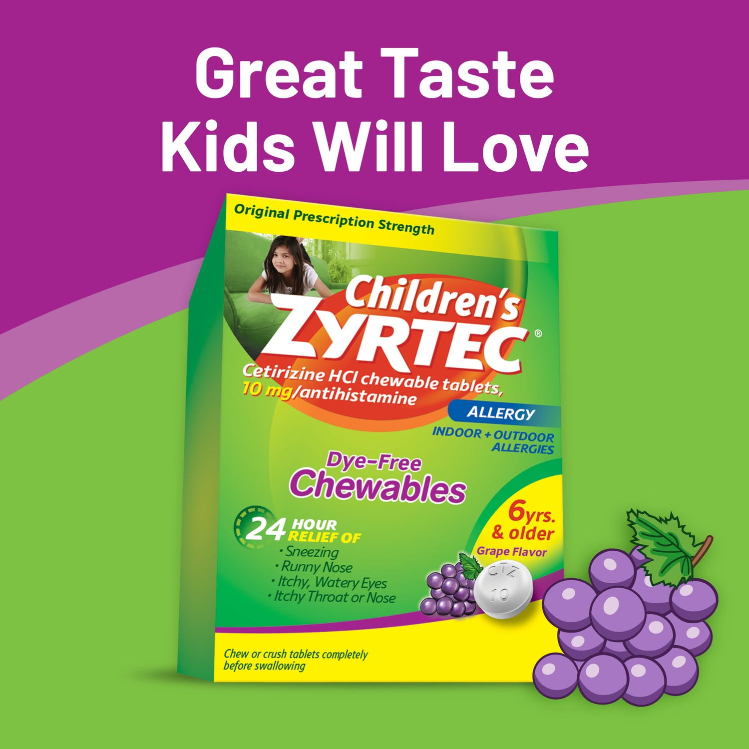 ZYRTEC CHILDREN'S DYE FREE CETIRIZINE 10MG CHEWABLES GRAPE 24CT PACK OF 2