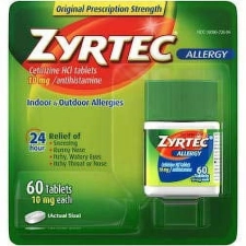 ZYRTEC 24HR ALLERGY RELIEF TABLETS 10MG CETIRIZINE HCL ANTIHISTAMINE MEDICINE 60 COUNT