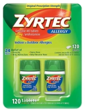ZYRTEC 24 HOUR ALLERGY RELIEF - 2 PACKS OF 120 TABLETS CETIRIZINE HCL 10MG