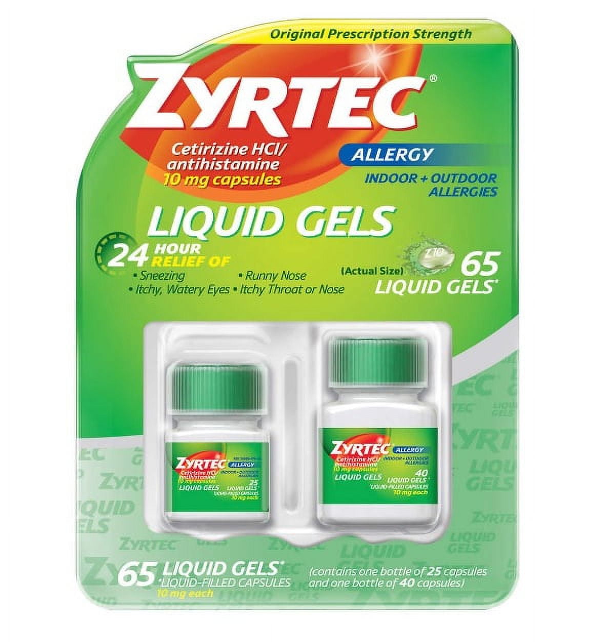 ZYRTEC 24 HOUR ALLERGY RELIEF LIQUID GELS CETIRIZINE HCL 10 MG 65 TABLETS