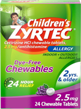 ZYRTEC CHILDRENS GRAPE CHEWABLES 24 HR ALLERGY RELIEF 2.5MG CETIRIZINE HCL ANTIHISTAMINE TABLETS