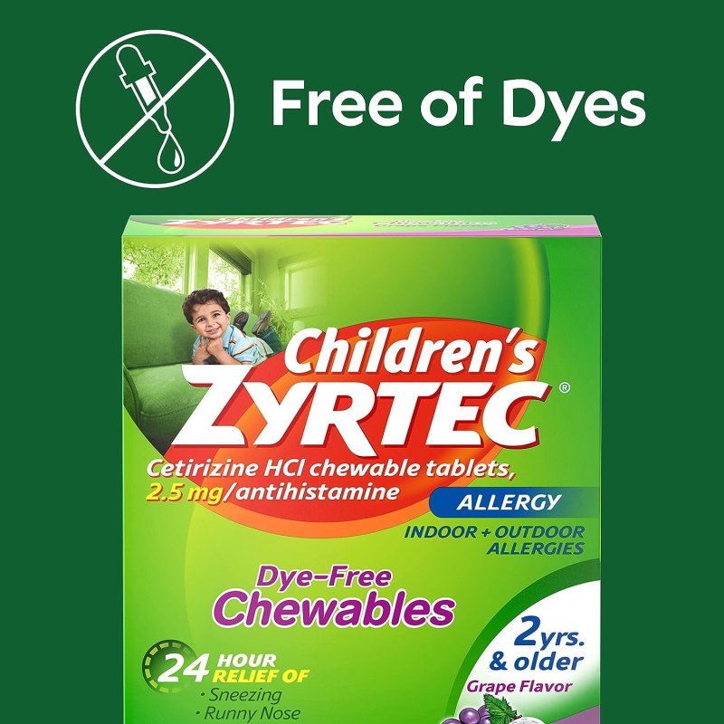 ZYRTEC CHILDRENS GRAPE CHEWABLES 24 HR ALLERGY RELIEF 2.5MG CETIRIZINE HCL ANTIHISTAMINE TABLETS