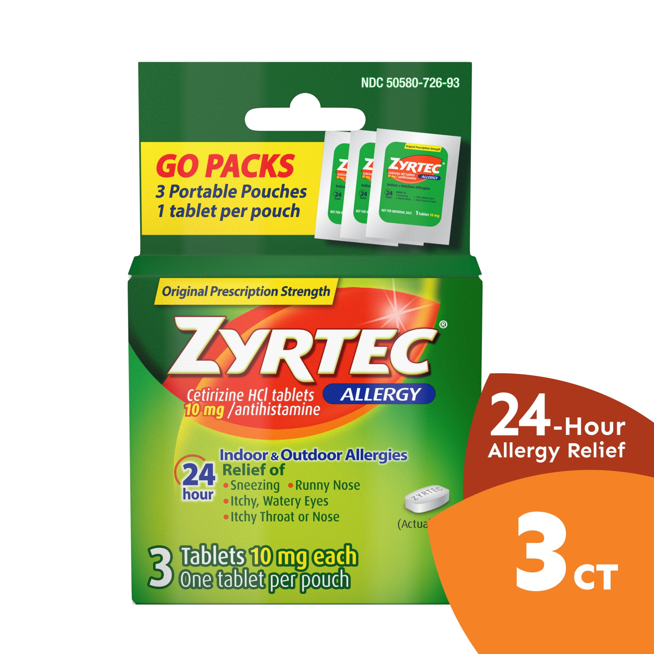 ZYRTEC 24 HOUR ALLERGY TABLETS CETIRIZINE HCL TRAVEL SIZE 3 CT
