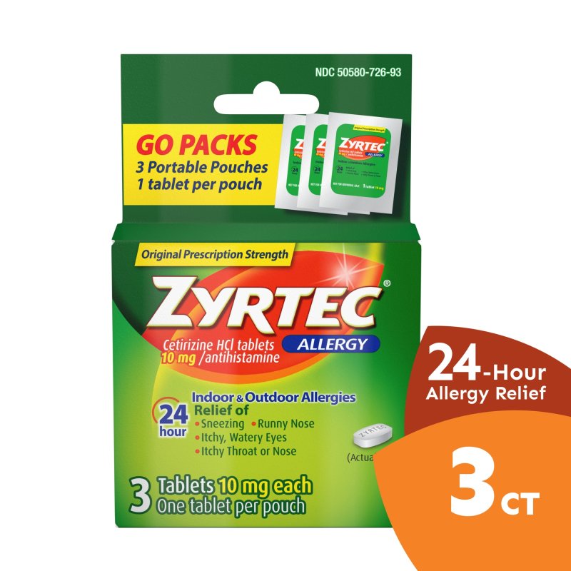 ZYRTEC 24 HOUR ALLERGY TABLETS CETIRIZINE HCL TRAVEL SIZE 3 CT