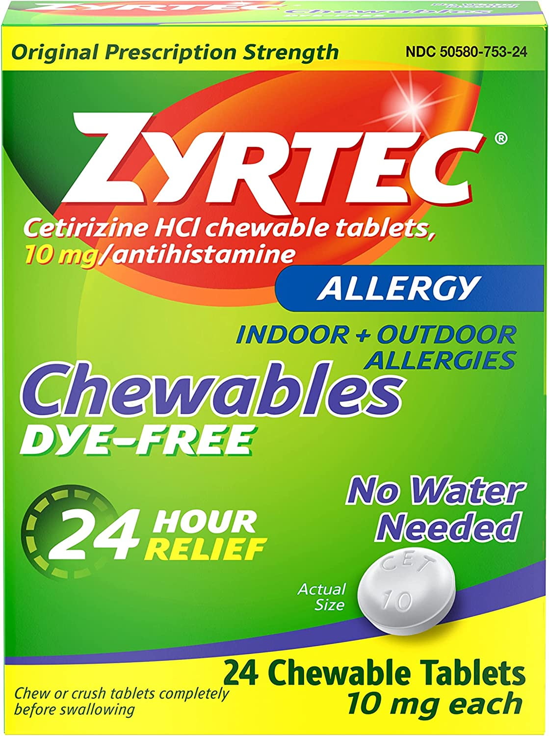 ZYRTEC 24 HOUR ALLERGY RELIEF CHEWABLE DYEFREE TABLETS 10 MG CETIRIZINE HCL 24 CT