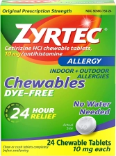 ZYRTEC 24 HOUR ALLERGY RELIEF CHEWABLE DYEFREE TABLETS 10 MG CETIRIZINE HCL 24 CT