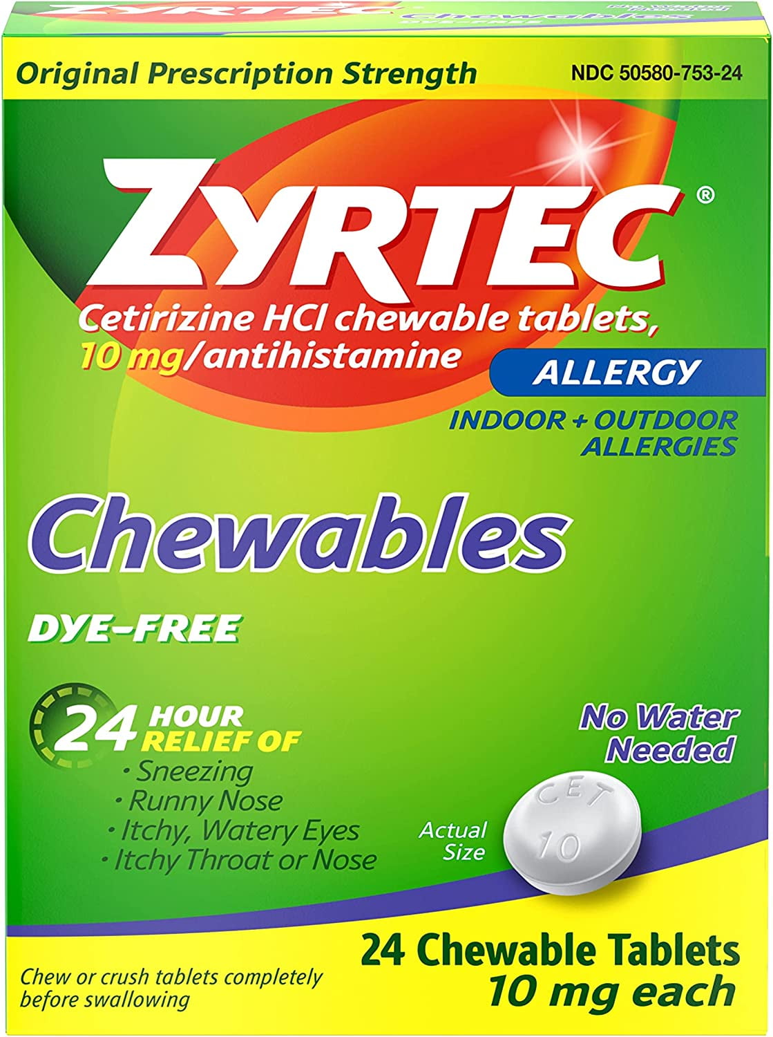 ZYRTEC 24 HOUR ALLERGY RELIEF CHEWABLE DYEFREE TABLETS 10 MG CETIRIZINE HCL 24 CT