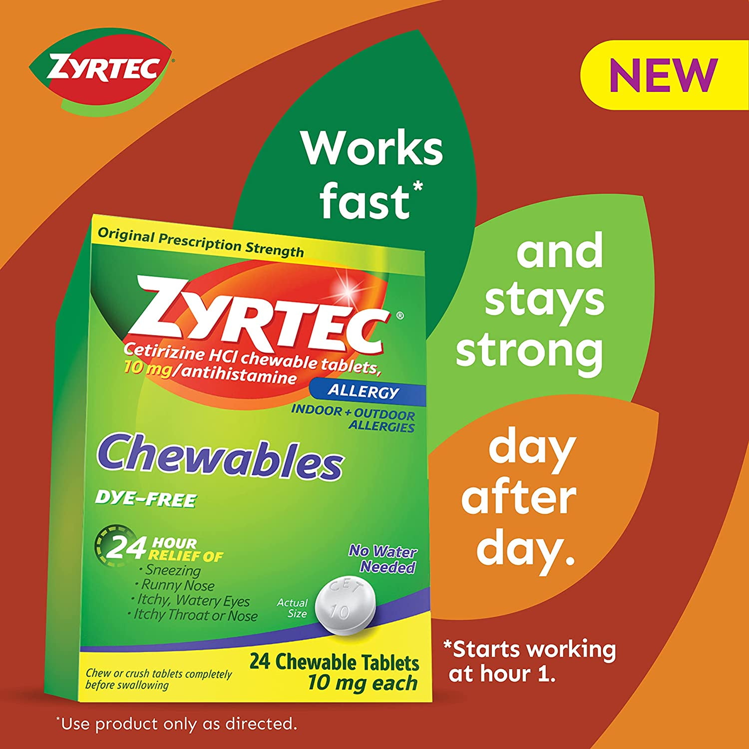ZYRTEC 24 HOUR ALLERGY RELIEF CHEWABLE DYEFREE TABLETS 10 MG CETIRIZINE HCL 24 CT