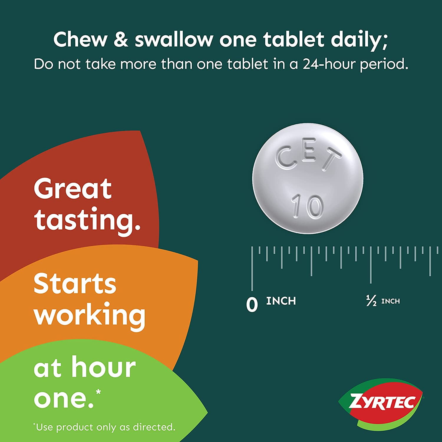 ZYRTEC 24 HOUR ALLERGY RELIEF CHEWABLE DYEFREE TABLETS 10 MG CETIRIZINE HCL 24 CT