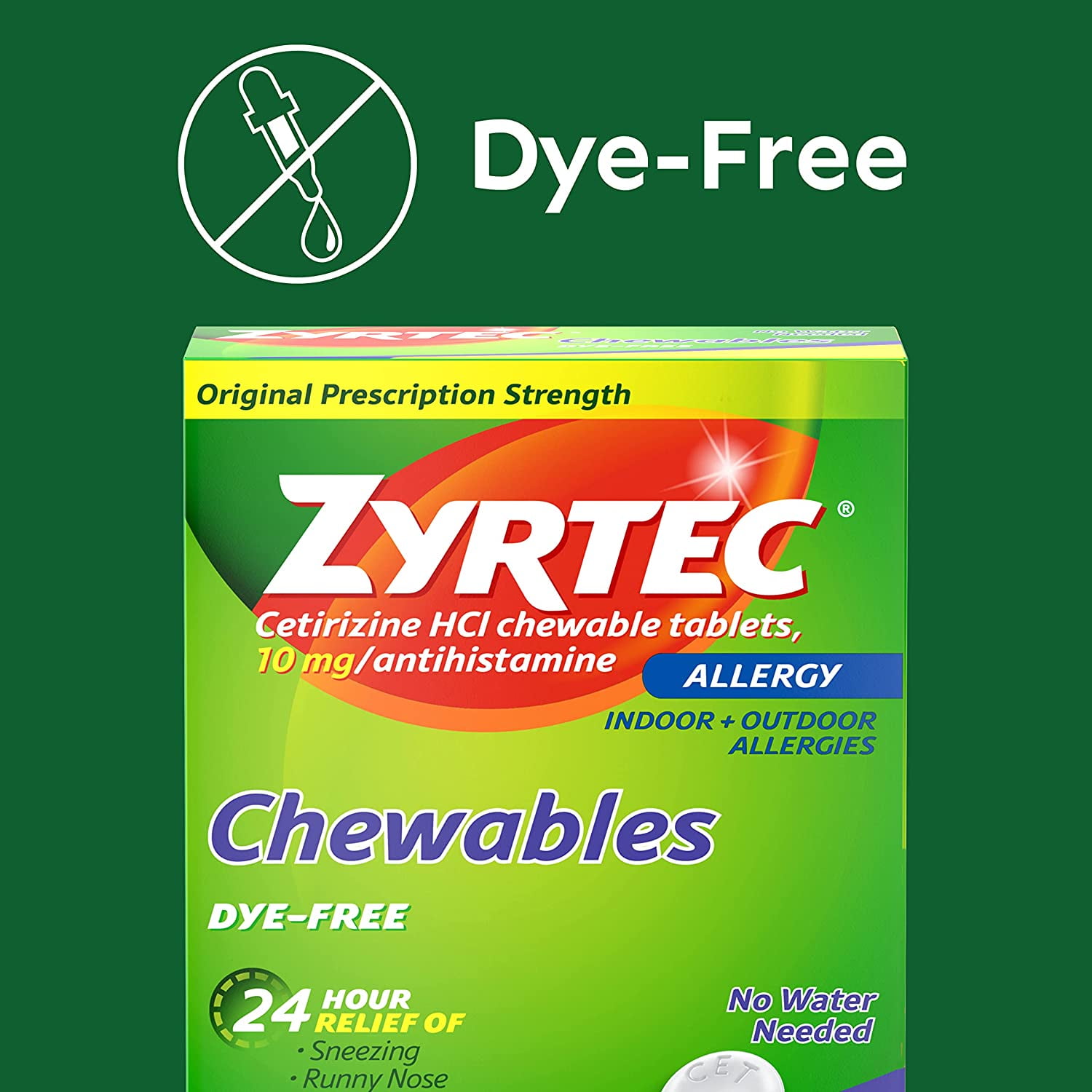 ZYRTEC 24 HOUR ALLERGY RELIEF CHEWABLE DYEFREE TABLETS 10 MG CETIRIZINE HCL 24 CT