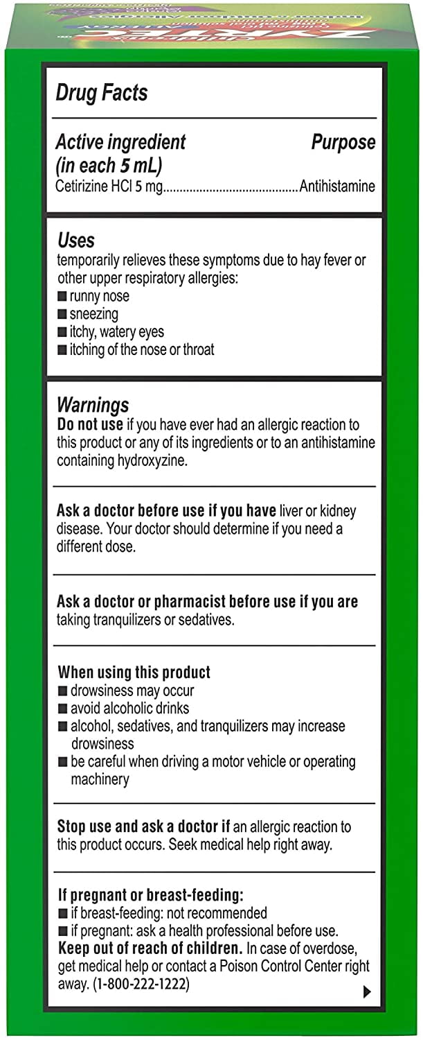ZYRTEC CHILDREN'S ALLERGY SYRUP CETIRIZINE DYE SUGAR FREE GRAPE FLAVOR 4 OZ