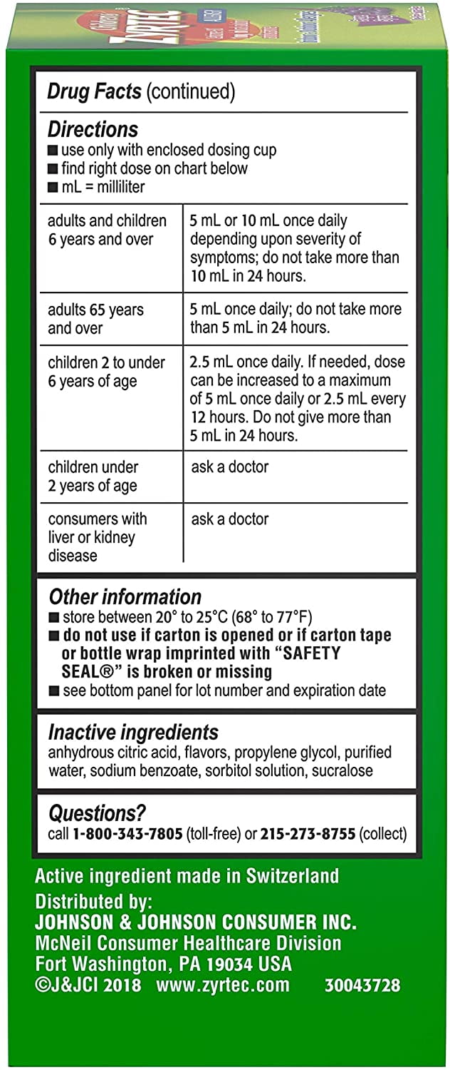 ZYRTEC CHILDREN'S ALLERGY SYRUP CETIRIZINE DYE SUGAR FREE GRAPE FLAVOR 4 OZ