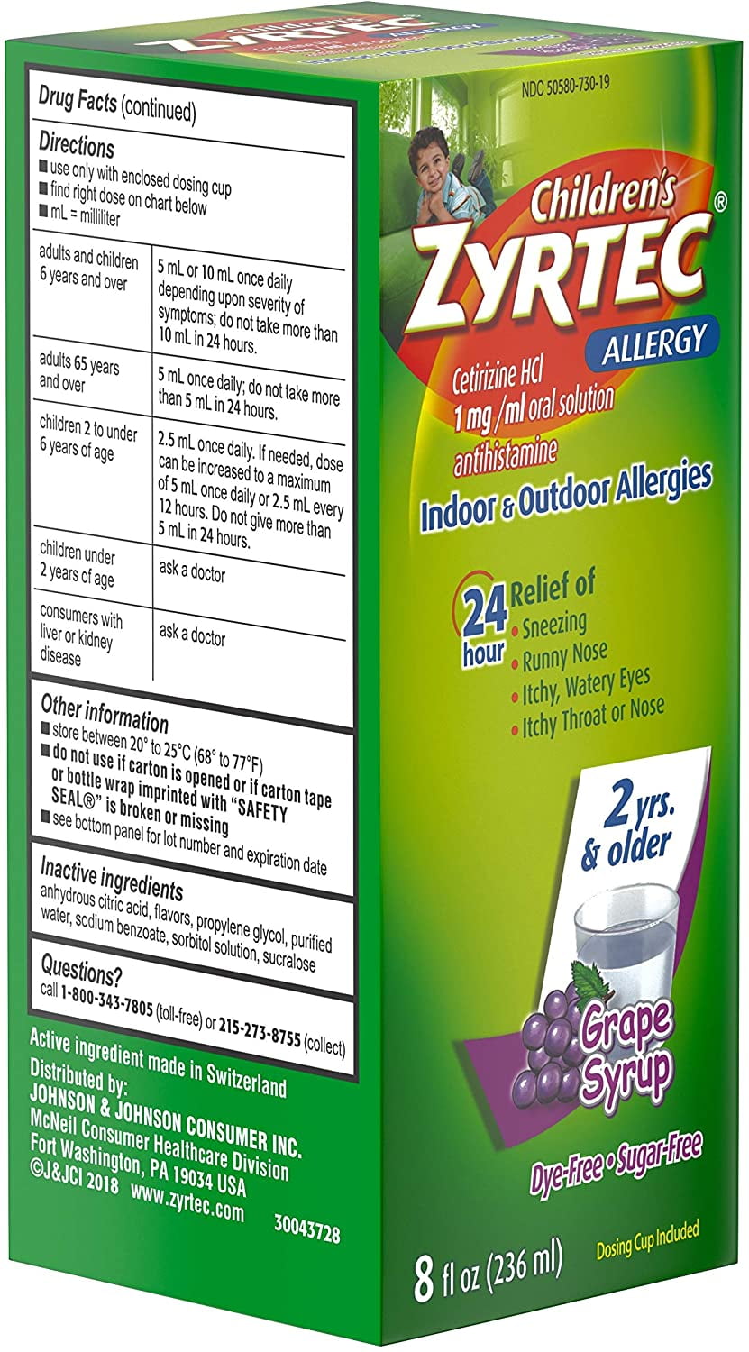 ZYRTEC CHILDREN'S ALLERGY SYRUP CETIRIZINE DYE SUGAR FREE GRAPE FLAVOR 4 OZ