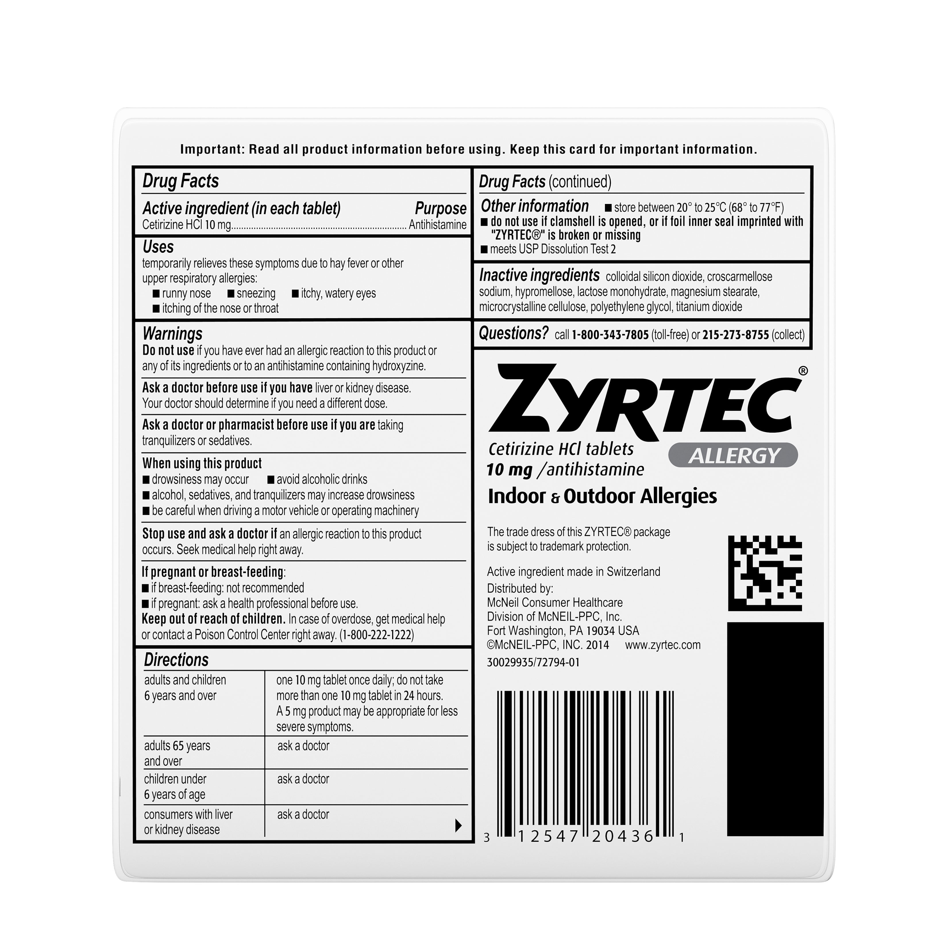 ZYRTEC ALLERGY RELIEF 10MG TABLETS 30 COUNT