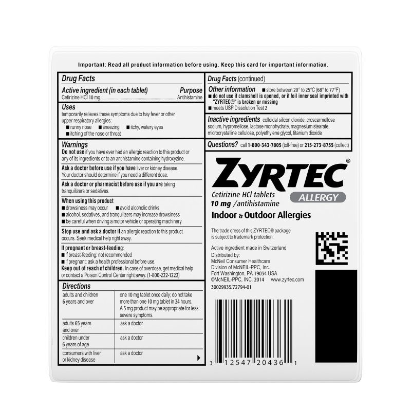 ZYRTEC ALLERGY RELIEF 10MG TABLETS 30 COUNT