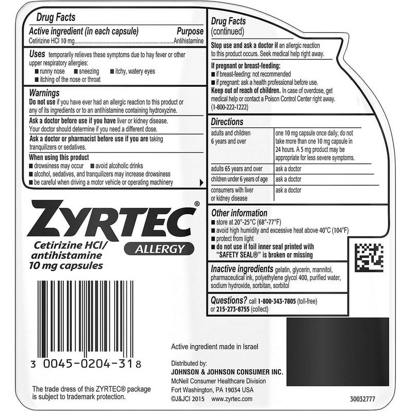 ZYRTEC 24 HOUR ALLERGY RELIEF CETIRIZINE 10MG 12 LIQUID CAPS 2 PACK
