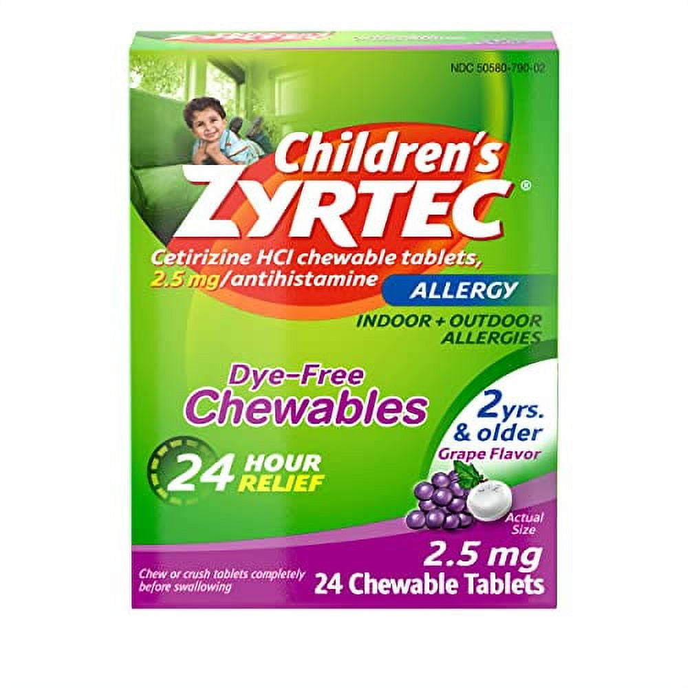ZYRTEC CHILDREN ALLERGY DYE-FREE 24 CHEWABLES, GRAPE FLAVOR 2 YEARS+