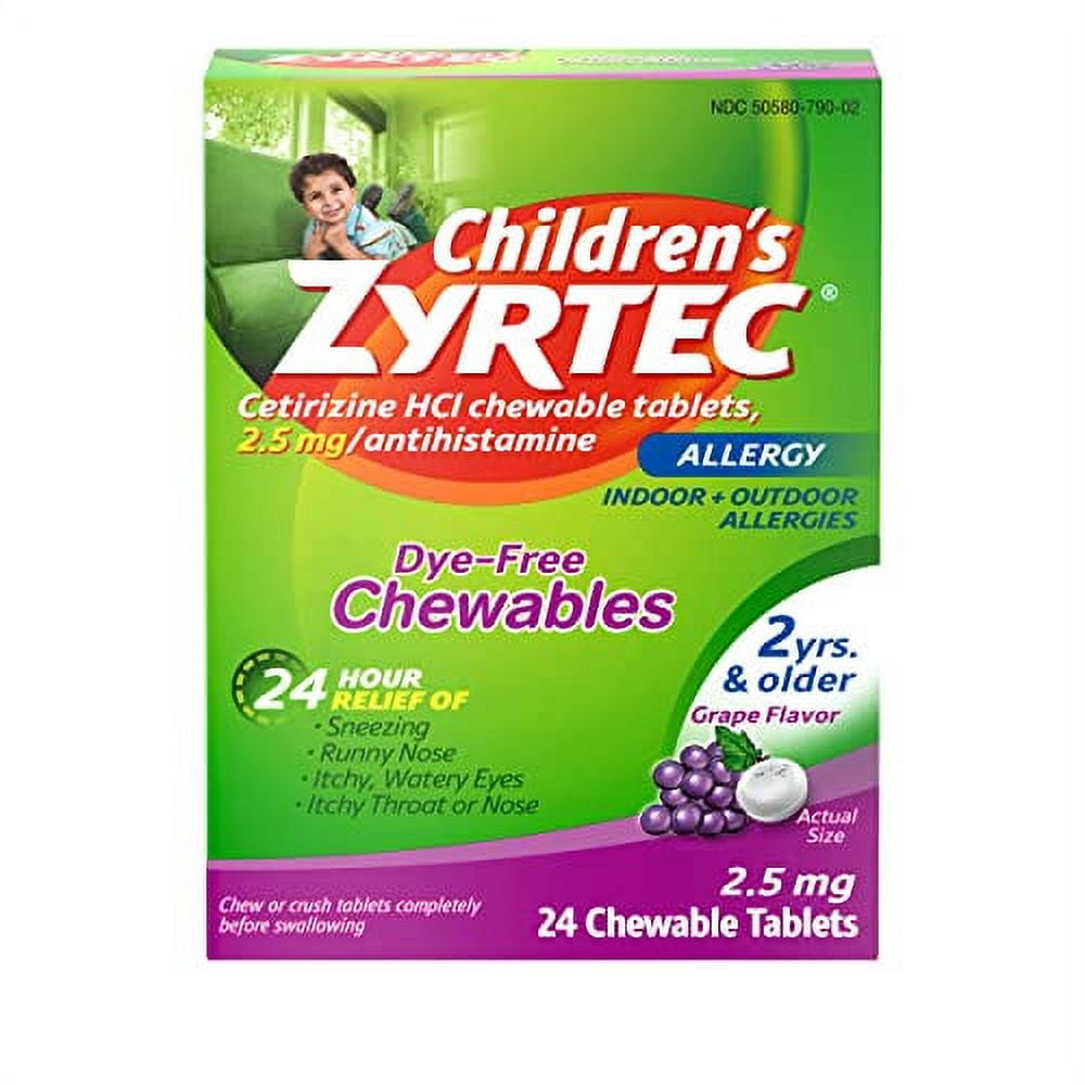 ZYRTEC CHILDREN ALLERGY DYE-FREE 24 CHEWABLES, GRAPE FLAVOR 2 YEARS+