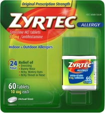 ZYRTEC 24 HOUR ALLERGY RELIEF TABLETS INDOOR OUTDOOR MEDICINE 10MG CETIRIZINE HCL ANTIHISTAMINE 60 CT