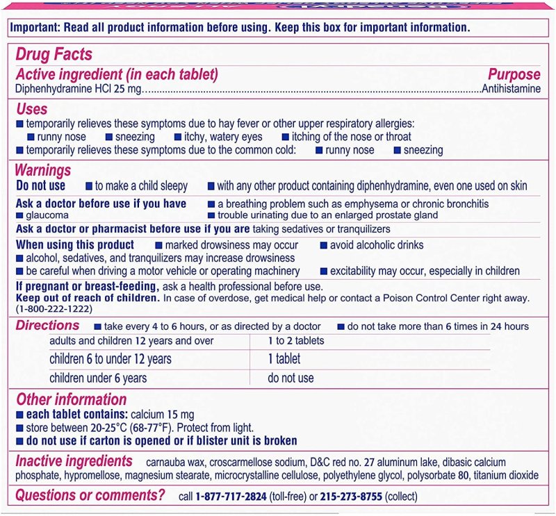 BENADRYL ALLERGY ULTRATABS 25MG DIPHENHYDRAMINE HCL ANTIHISTAMINE TABLETS 100 COUNT