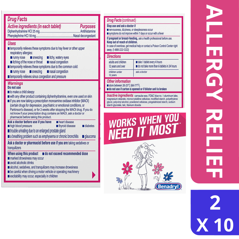 BENADRYL ALLERGY ULTRA TABS ON THE GO CONVENIENCE PACKETS 2 TABLET PER PACKET UNBOXED 10 PACK