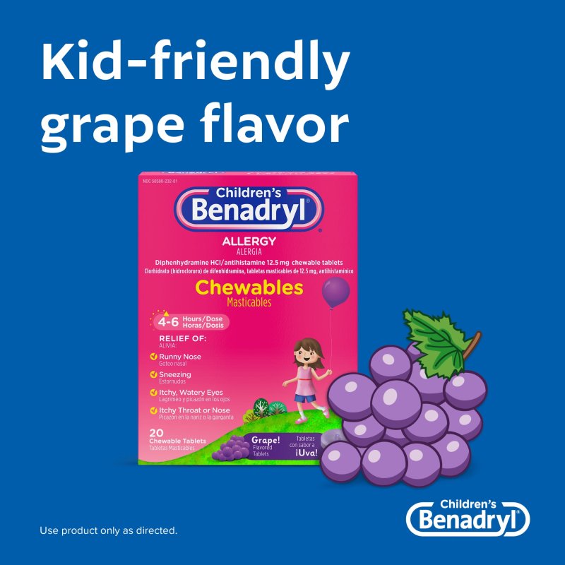 BENADRYL ALLERGY RELIEF CHEWABLE TABLETS GRAPE FLAVOR 20 COUNT CHILDRENS