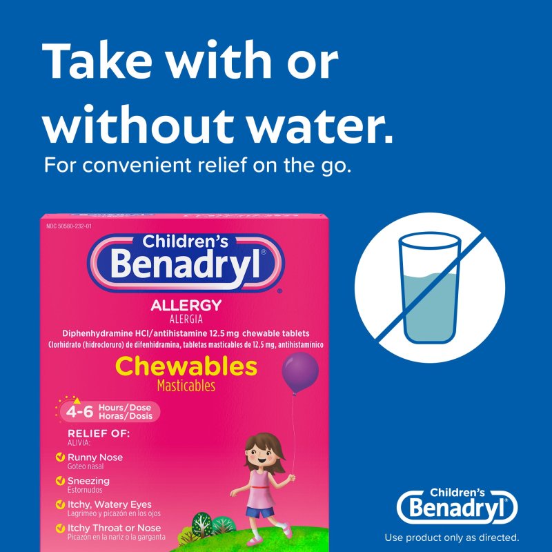 BENADRYL ALLERGY RELIEF CHEWABLE TABLETS GRAPE FLAVOR 20 COUNT CHILDRENS