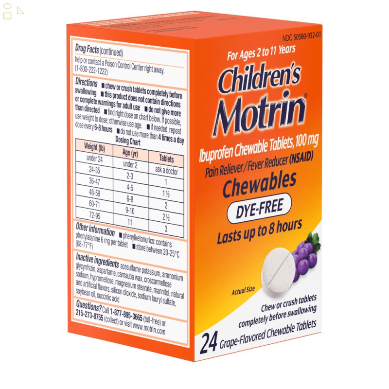 MOTRIN DYE FREE IBUPROFEN AGES 2-11 PAIN FEVER RELIEF MEDICINE 24 CHILDRENS