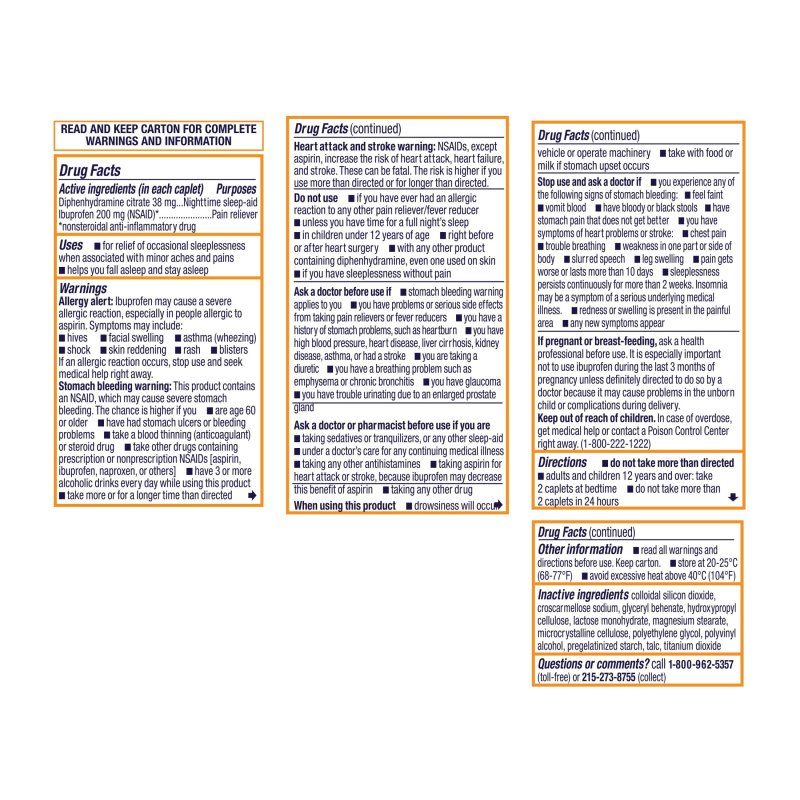 MOTRIN PM PAIN RELIEF CAPLETS 200MG IBUPROFEN 38MG SLEEP AID 20 CT