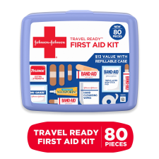 BAND AID TRAVEL READY PORTABLE EMERGENCY FIRST AID KIT WITH 80 PIECES