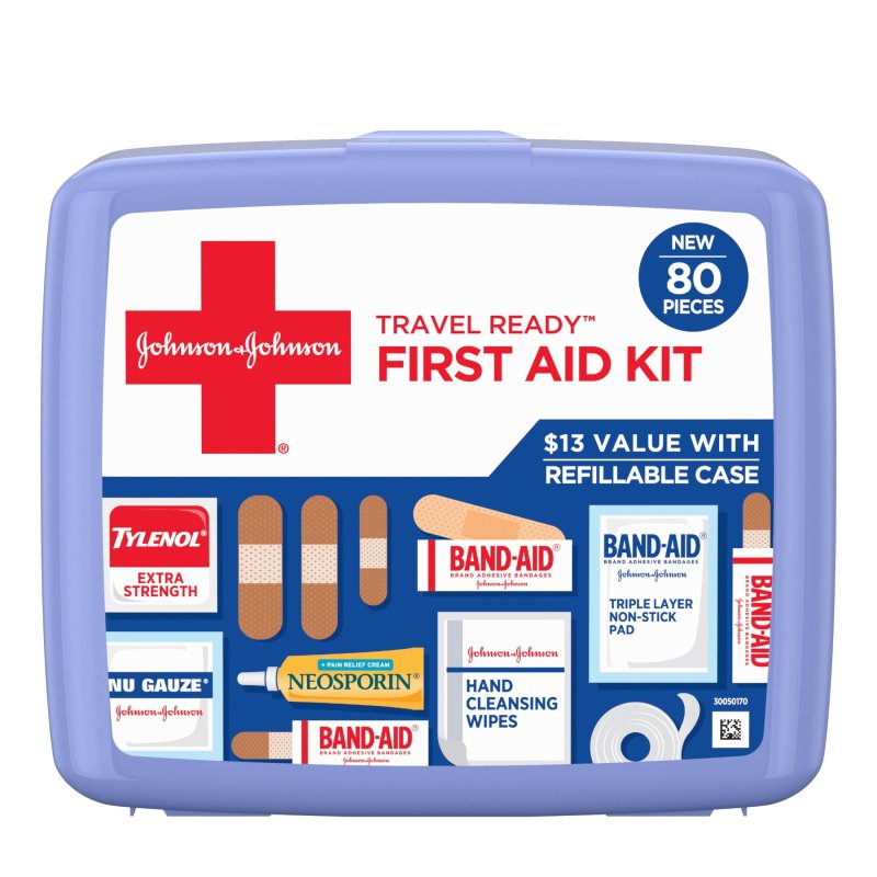 BAND AID TRAVEL READY PORTABLE EMERGENCY FIRST AID KIT WITH 80 PIECES