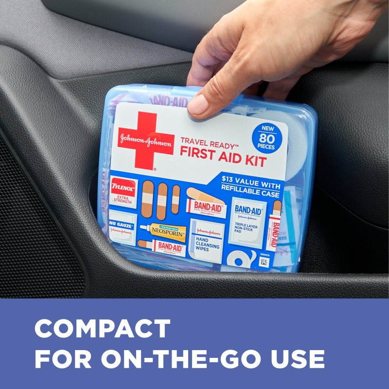 BAND AID TRAVEL READY PORTABLE EMERGENCY FIRST AID KIT WITH 80 PIECES