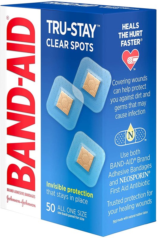 BAND-AID ADHESIVE CLEAR SPOTS BANDAGES 50 COUNT EACH SIZE ALL ONE