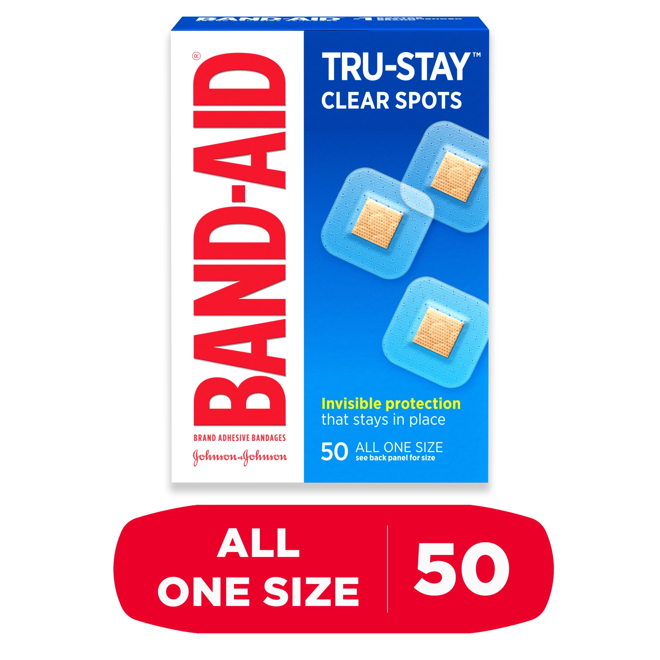 BAND-AID BRAND TRU-STAY CLEAR SPOTS SQUARE BANDAGES ONE SIZE 50 COUNT