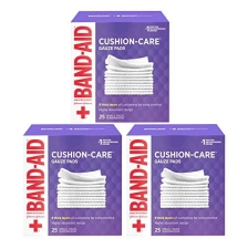 BAND-AID BRAND CUSHION CARE NON STICK GAUZE PADS INDIVIDUALLY WRAPPED SMALL WHITE 2X2 IN 25 COUNT PACK OF 3