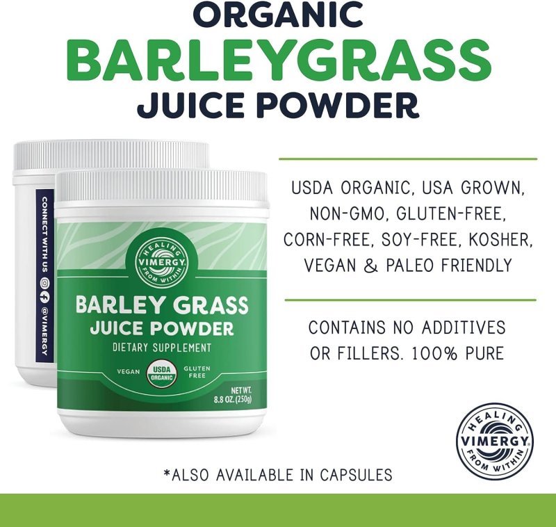 VIMERGY BARLEY GRASS JUICE POWDER CLEAN SUPERFOOD FORMULA FOR CARDIOVASCULAR HEALTH ORGANIC VEGAN GLUTEN-FREE 250G REGULAR SIZE
