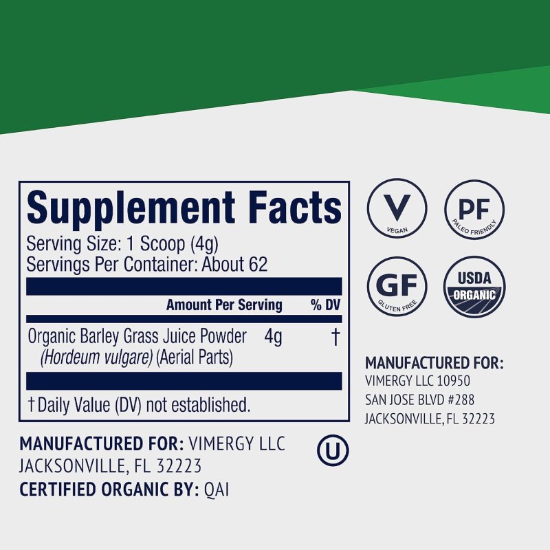 VIMERGY BARLEY GRASS JUICE POWDER CLEAN SUPERFOOD FORMULA FOR CARDIOVASCULAR HEALTH ORGANIC VEGAN GLUTEN-FREE 250G REGULAR SIZE