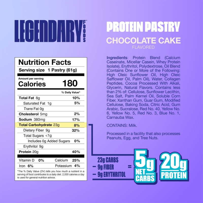 LEGENDARY FOODS PROTEIN PASTRY CHOCOLATE CAKE 4 PACK PROTEIN SNACK GLUTEN-FREE KETO FRIENDLY