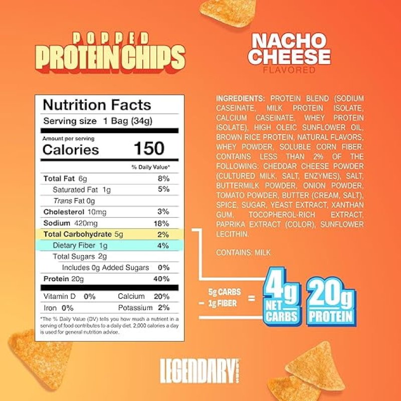 LEGENDARY FOODS POPPED PROTEIN CHIPS NACHO CHEESE 7 BAGS 1.2 OZ
