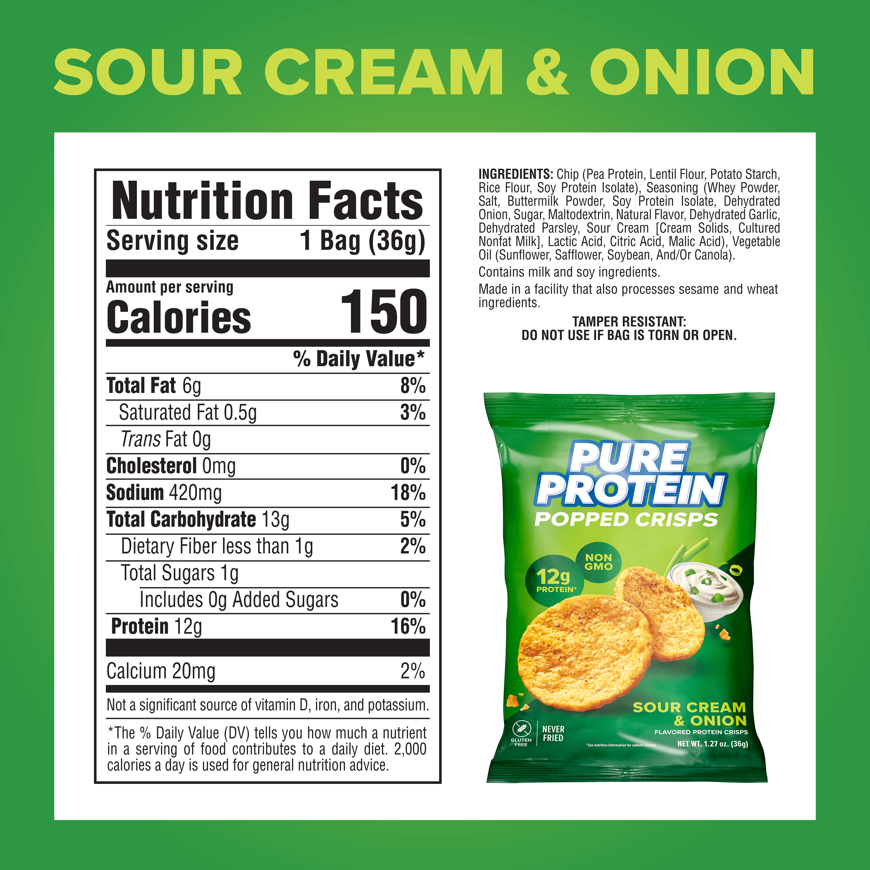 PURE PROTEIN SOUR CREAM ONION POPPED CRISPS CHIPS 8 COUNT