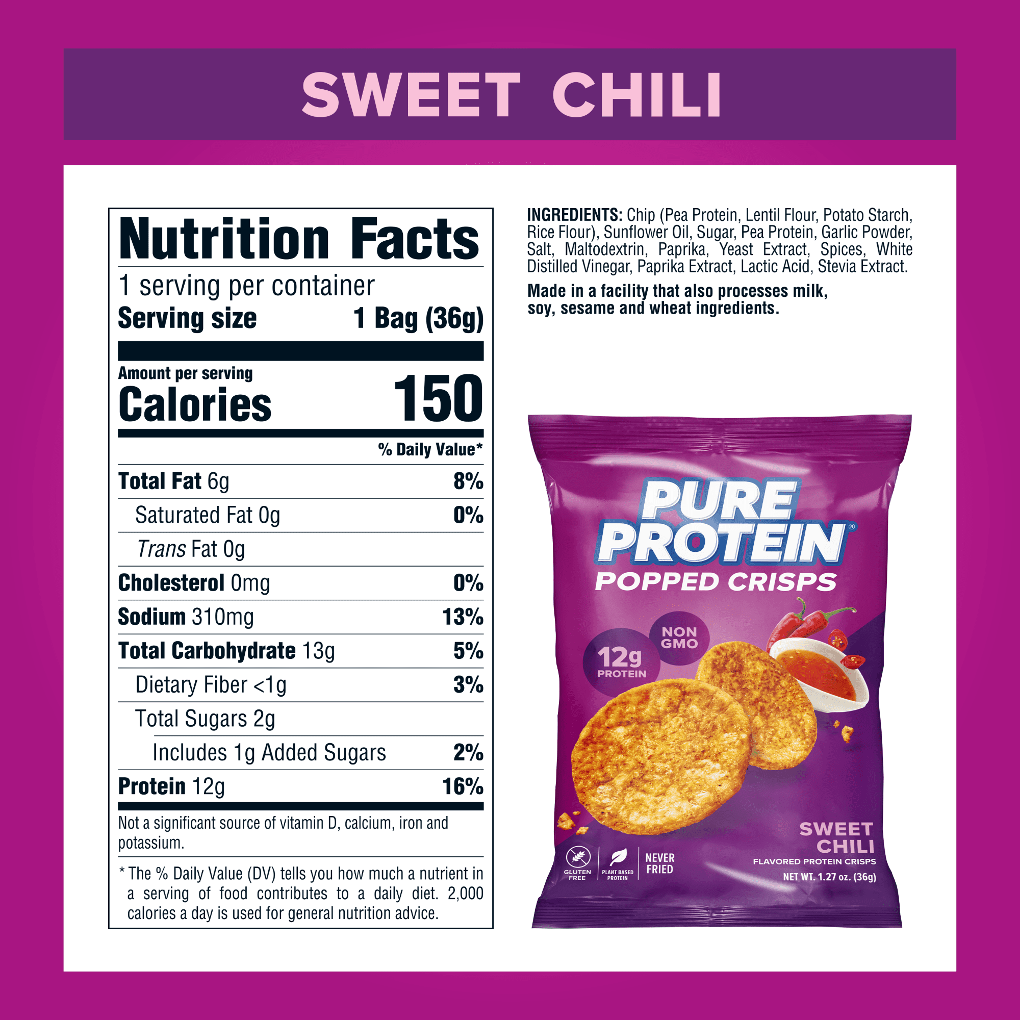 PURE PROTEIN POPPED CRISPS SWEET CHILI 1 COUNT 2 PACK