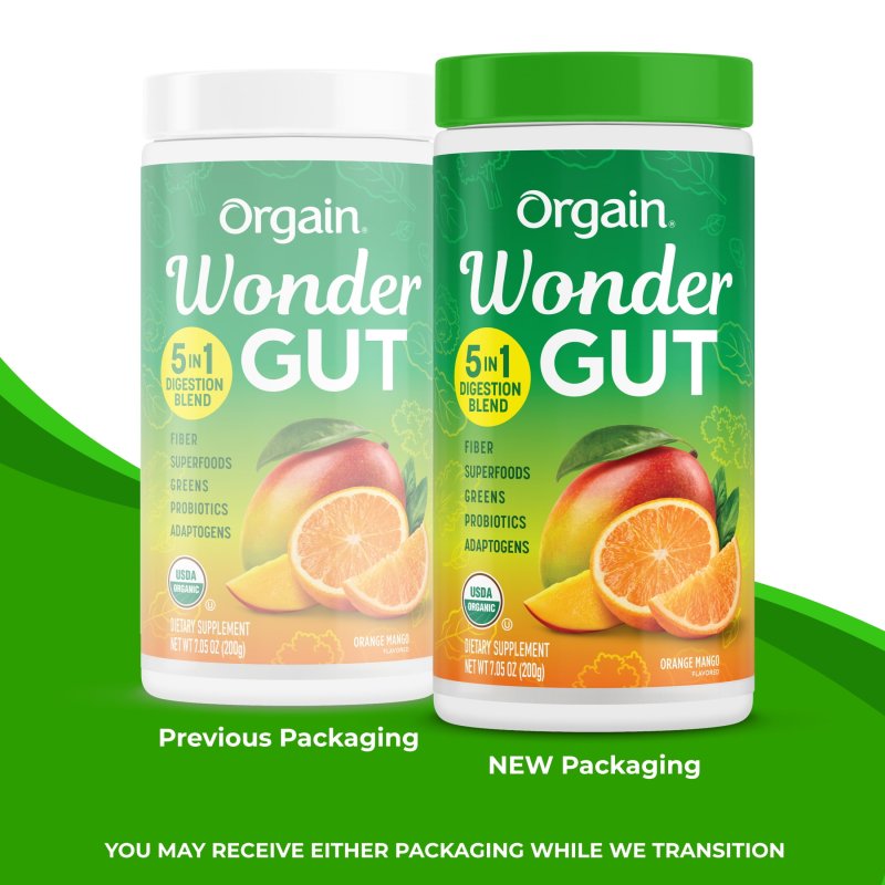 ORGAIN VEGAN ORGANIC WONDER GUT 5-IN-1 FIBER GREENS SUPERFOODS POWDER ORANGE MANGO 0.44LB