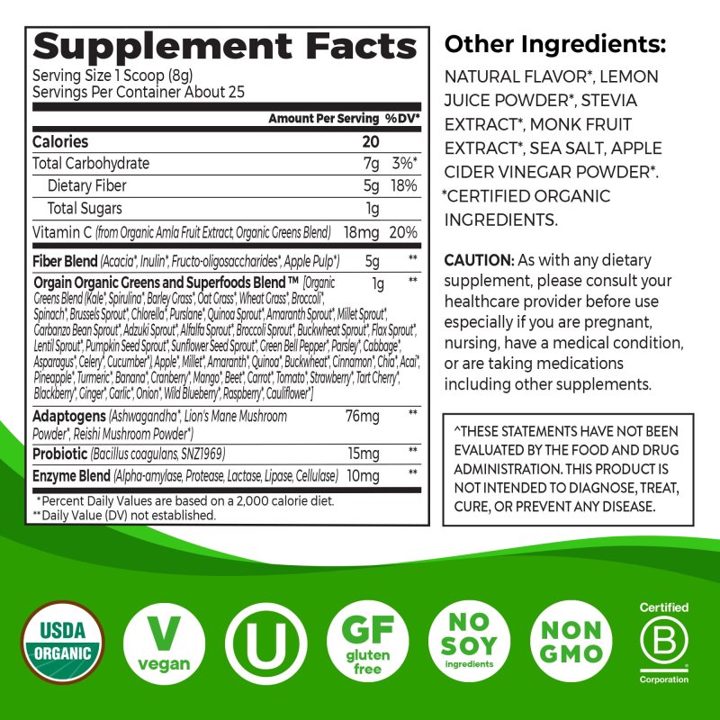 ORGAIN VEGAN ORGANIC WONDER GUT 5-IN-1 FIBER GREENS SUPERFOODS POWDER ORANGE MANGO 0.44LB